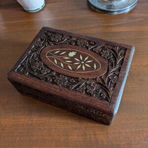 1970's Vintage Carved Wood Trinket Jewelry Box Floral Inlay India